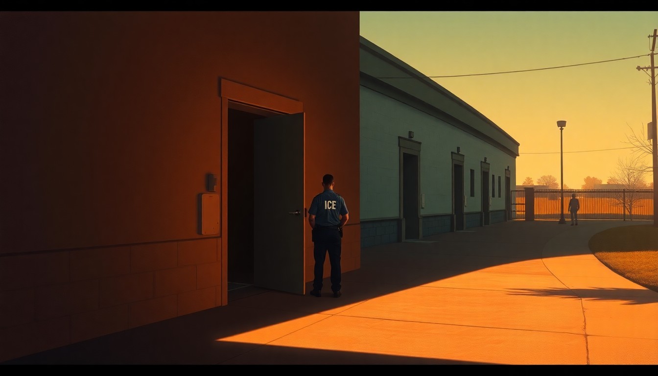 A photorealistic oil painting depicting a lone ICE agent standing in the doorway of a government building, the warm sunlight casting deep shadows across the scene and creating a sense of quiet unease and isolation.