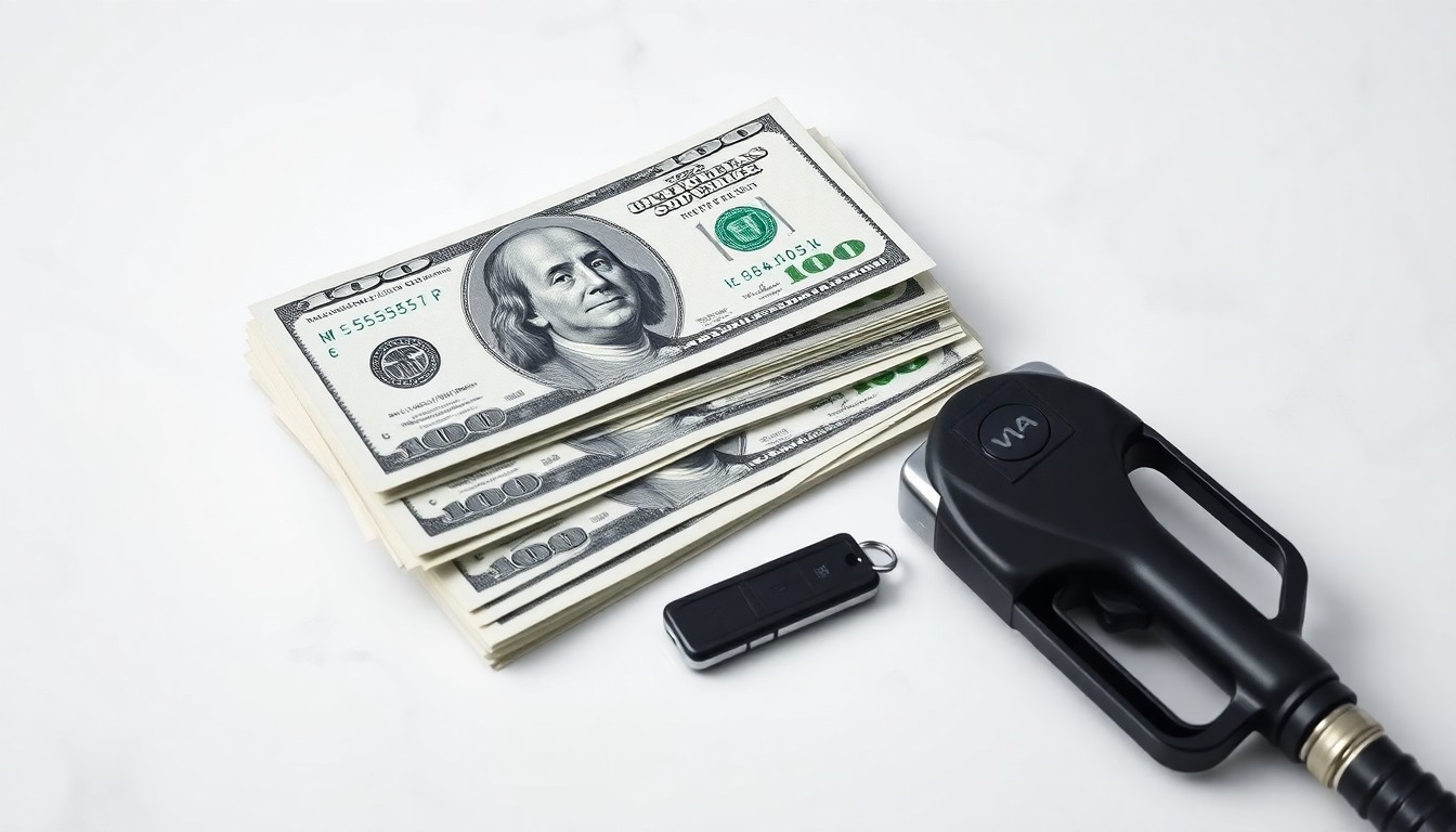 A high-end, photorealistic studio still-life photograph featuring a stack of $100 bills, a metal gas pump nozzle, and a modern car key, conceptually representing the value of grocery spending to save on fuel costs.
