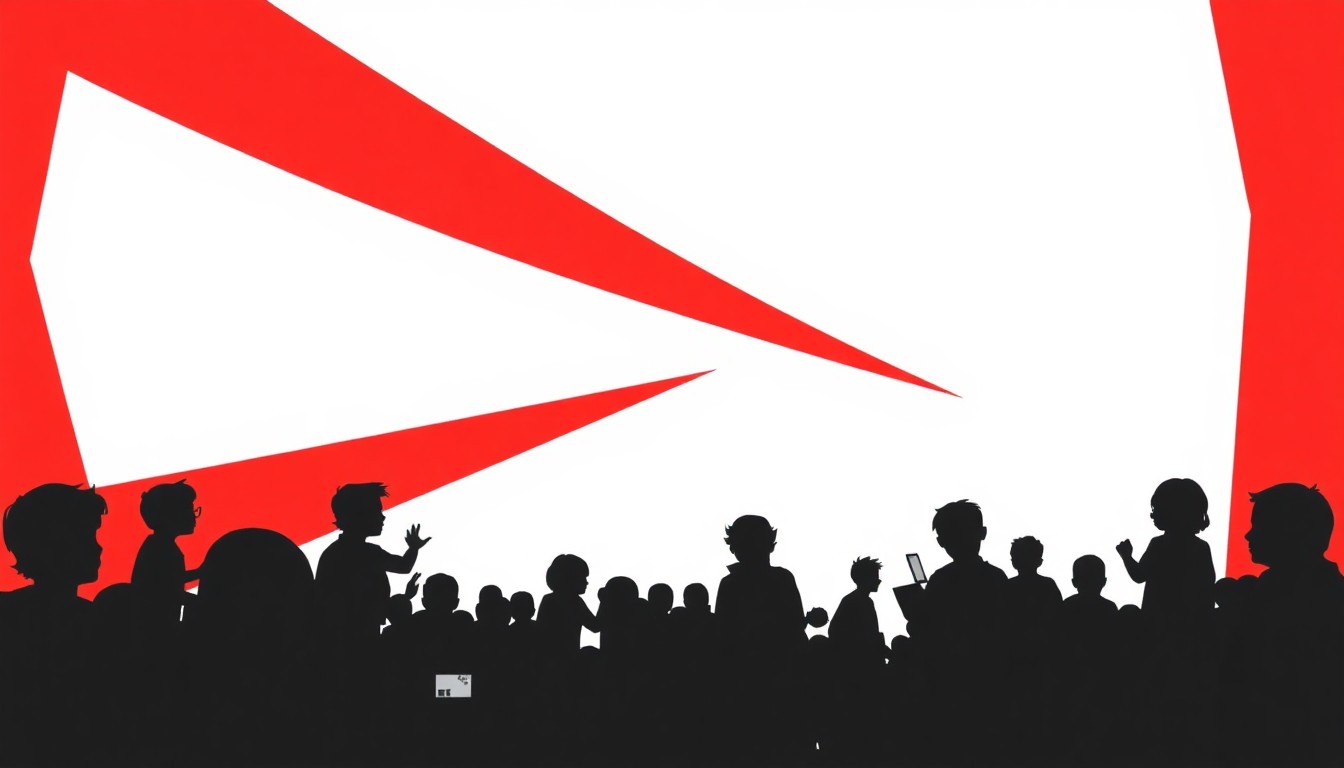 An abstract, minimalist composition of bold, jagged geometric shapes in red and white, conceptually representing the vibrant energy and creativity of the children's book world.