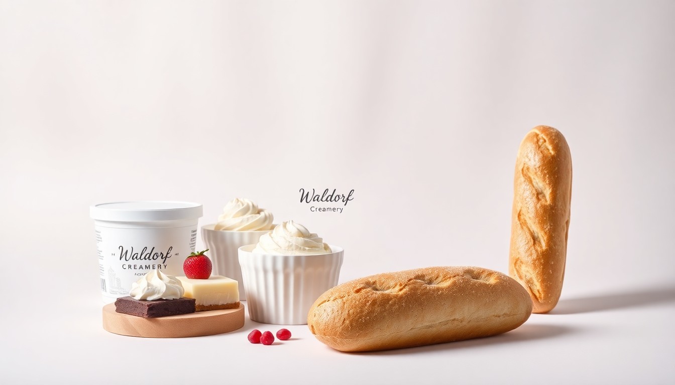 A high-end, photorealistic studio still-life photograph featuring a selection of premium frozen desserts and baguette sandwiches from Waldorf Creamery, arranged elegantly on a clean, monochromatic background with dramatic studio lighting.