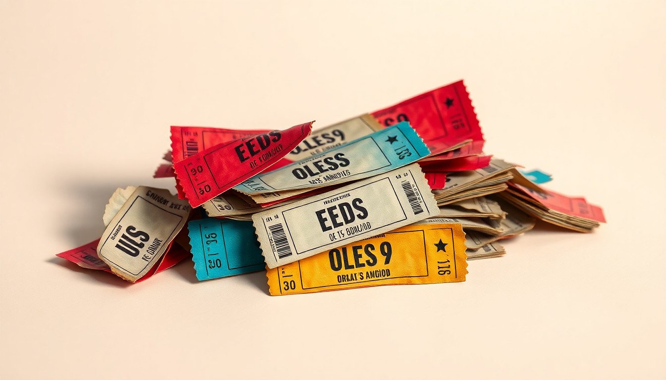 A high-end, photorealistic studio still-life photograph featuring a stack of crumpled, discarded ticket stubs in various colors and designs, arranged elegantly on a clean, monochromatic background with dramatic studio lighting and deep shadows, conceptually representing the frustration of consumers with hidden fees and deceptive pricing in the live event ticketing industry.