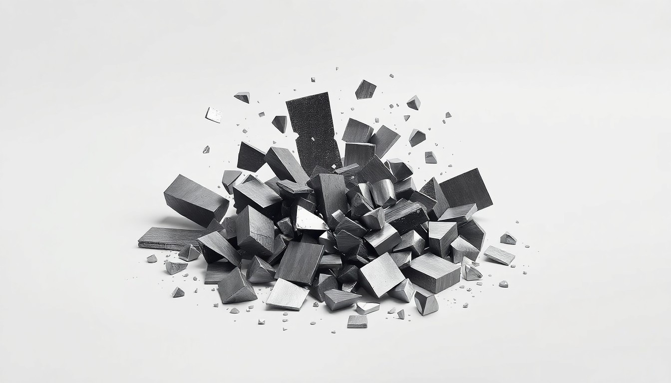 A high-end, photorealistic studio still-life photograph featuring a collection of shattered metal and glass fragments from an industrial explosion, arranged elegantly on a clean, monochromatic background, conceptually representing the consequences of workplace accidents and the need for improved safety measures.