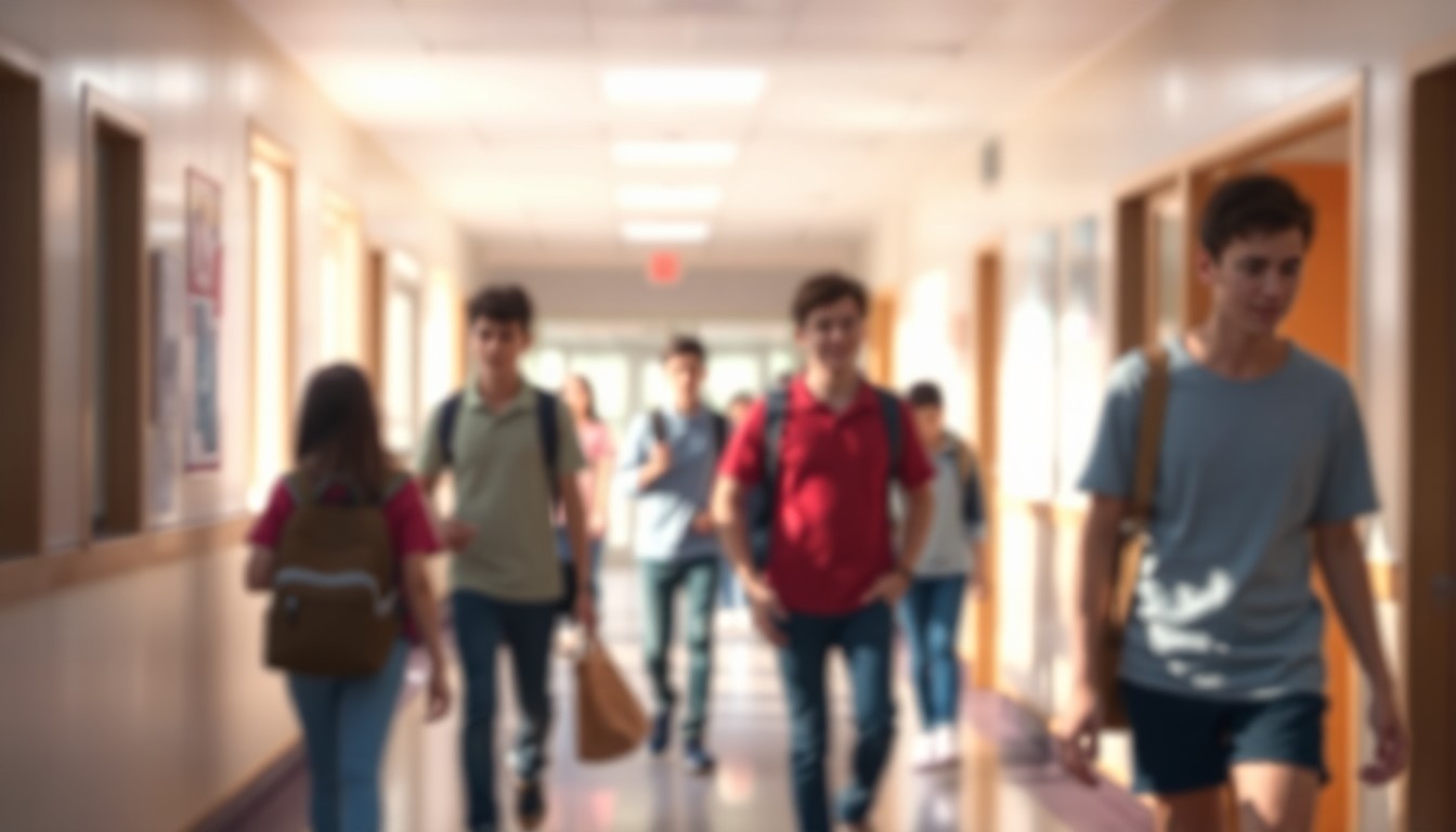 A hazy, dreamlike scene of students walking through a school hallway, with soft, warm light and blurred edges, conveying the atmosphere of a flexible learning environment.