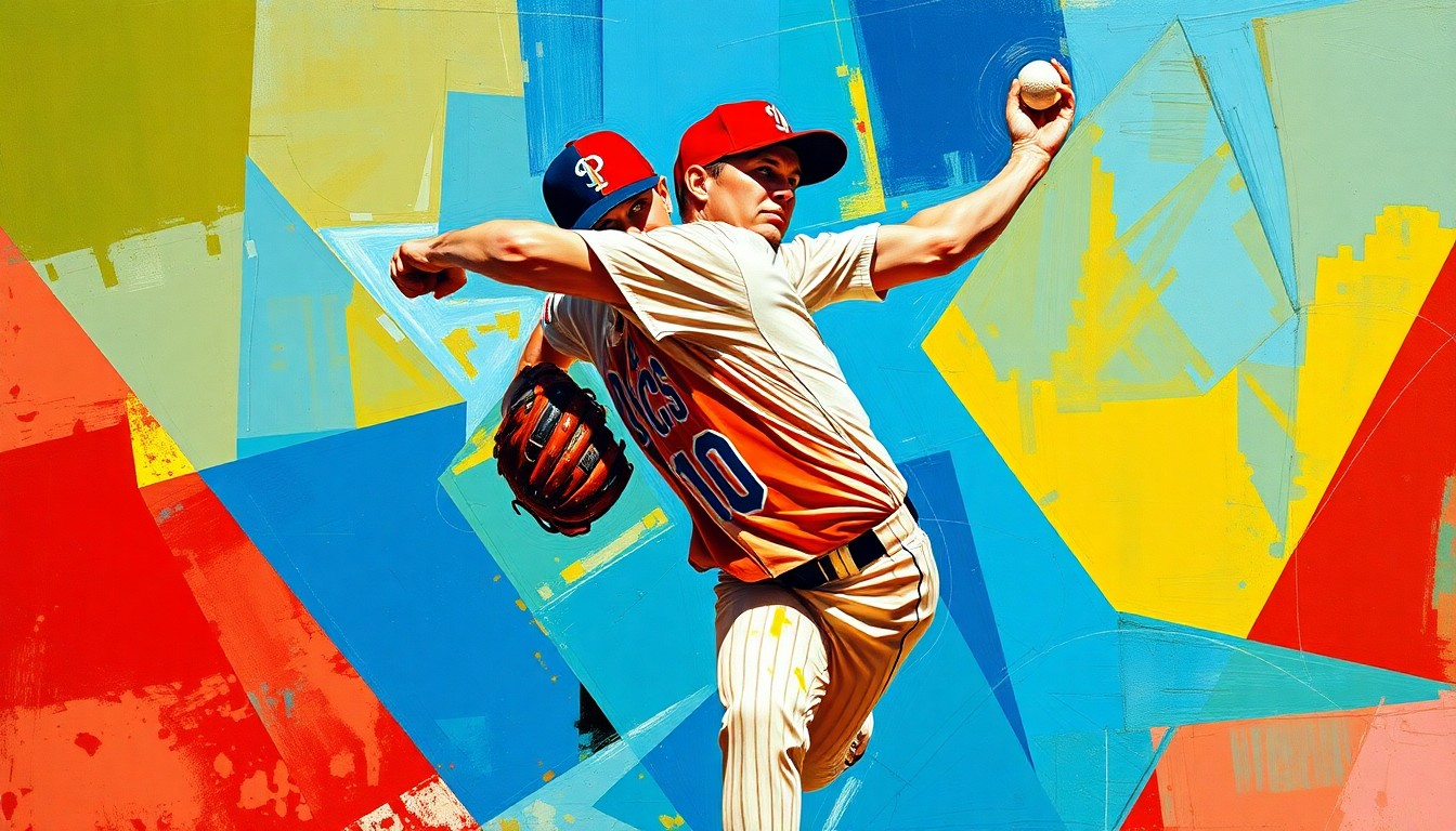A fragmented, geometric painting depicting a baseball pitcher's motion broken down into sharp, overlapping shapes and planes of vivid colors, representing the unique versatility of a two-way player.
