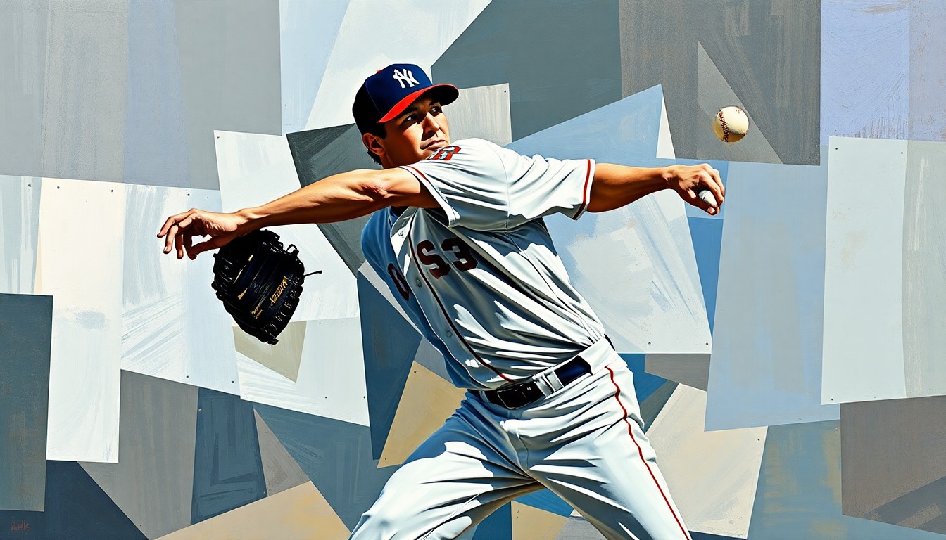 A fragmented, geometric painting depicting a baseball pitcher's throwing motion, with sharp planes and angles representing the physical strain and uncertainty of an injury-plagued career.