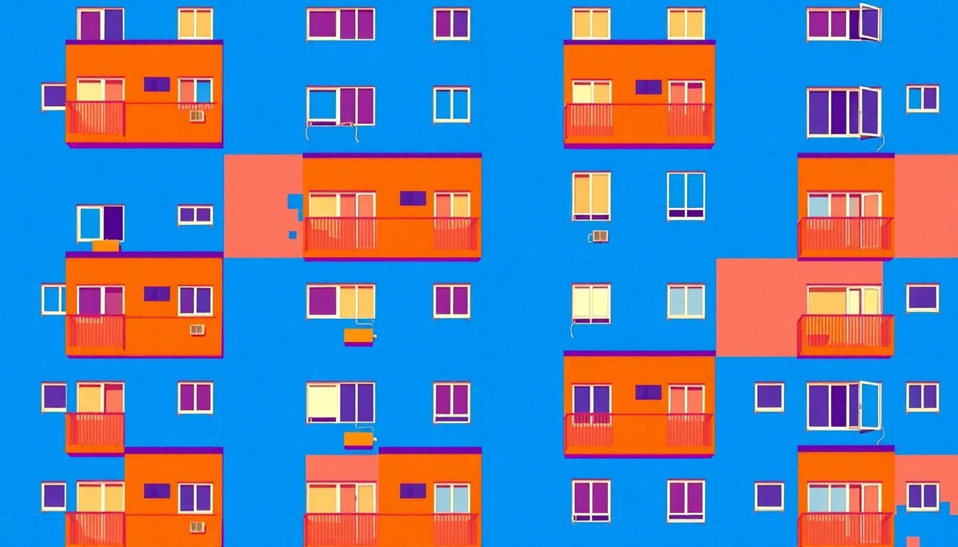 A vibrant, abstract silkscreen illustration featuring a repeating pattern of a stylized apartment building facade in bold, neon-like colors, conceptually representing the redevelopment of a public housing complex.