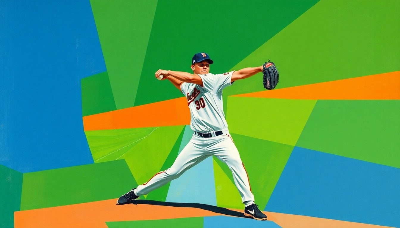 A fragmented, geometric painting depicting the various angles and movements of a baseball pitcher's delivery, rendered in a vibrant color palette that conceptually represents the explosive action of the sport.
