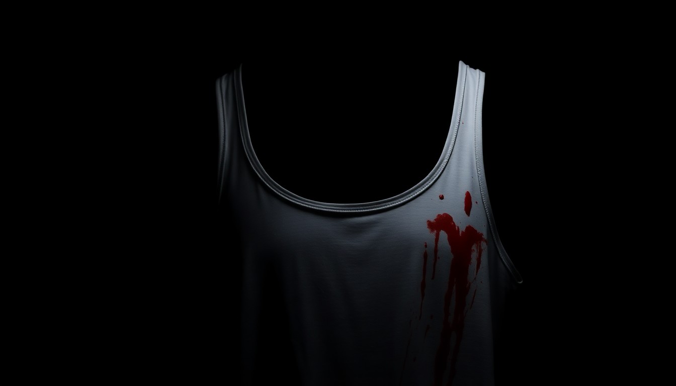 An extreme close-up of a bloodied white tank top, the harsh flash lighting creating a stark, gritty aesthetic that conceptually represents the violent nature of the crime.