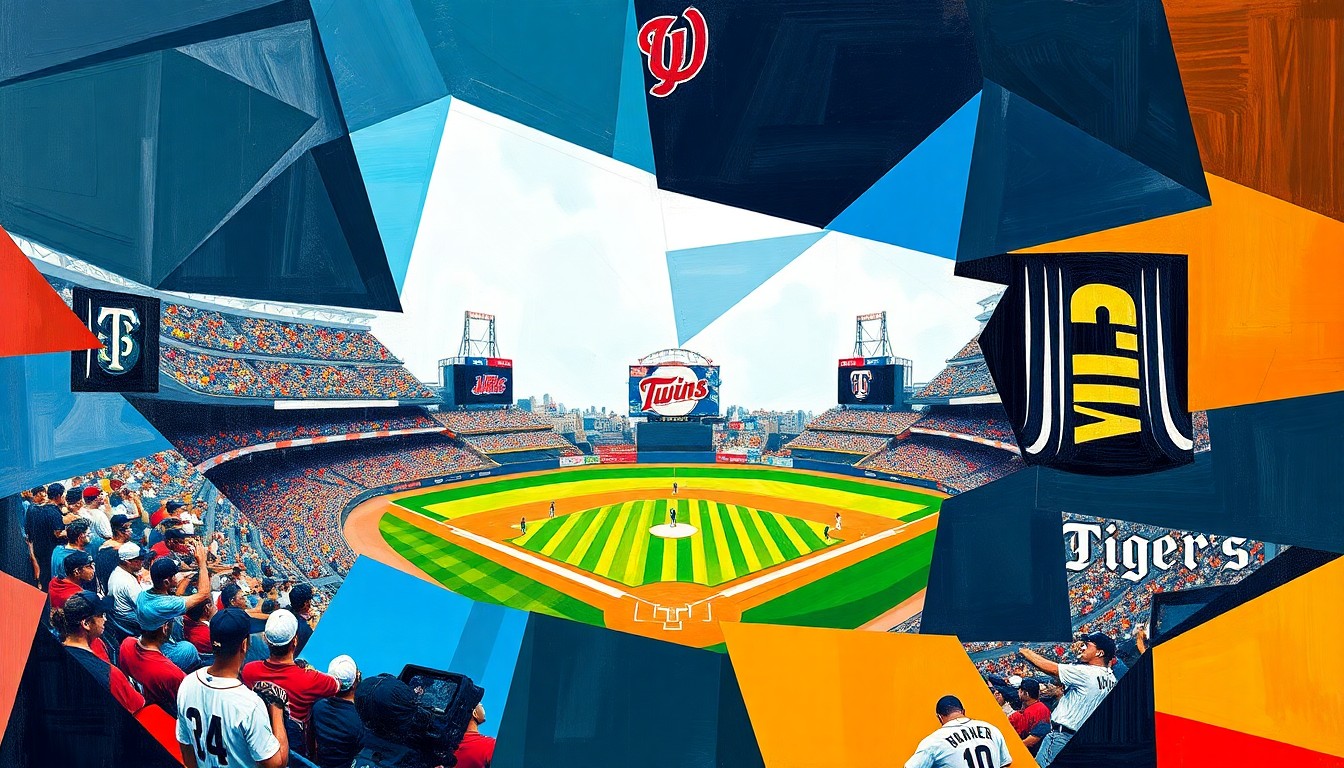A cubist, geometric painting depicting a baseball game between the Minnesota Twins and Detroit Tigers, with sharp, overlapping planes of color representing the players, field, and action.