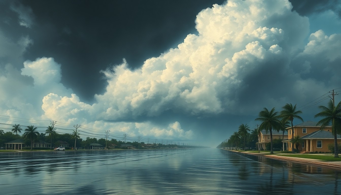 A sweeping, atmospheric landscape painting depicting a flooded street in West Palm Beach, with towering storm clouds and heavy rain dominating the scene and dwarfing the physical structures below.