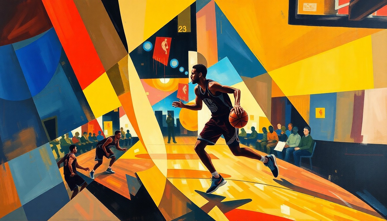 A fractured, cubist-style painting depicting the dynamic movement and energy of a basketball game, with Steph Curry's silhouette emerging from the abstract geometric shapes and planes.