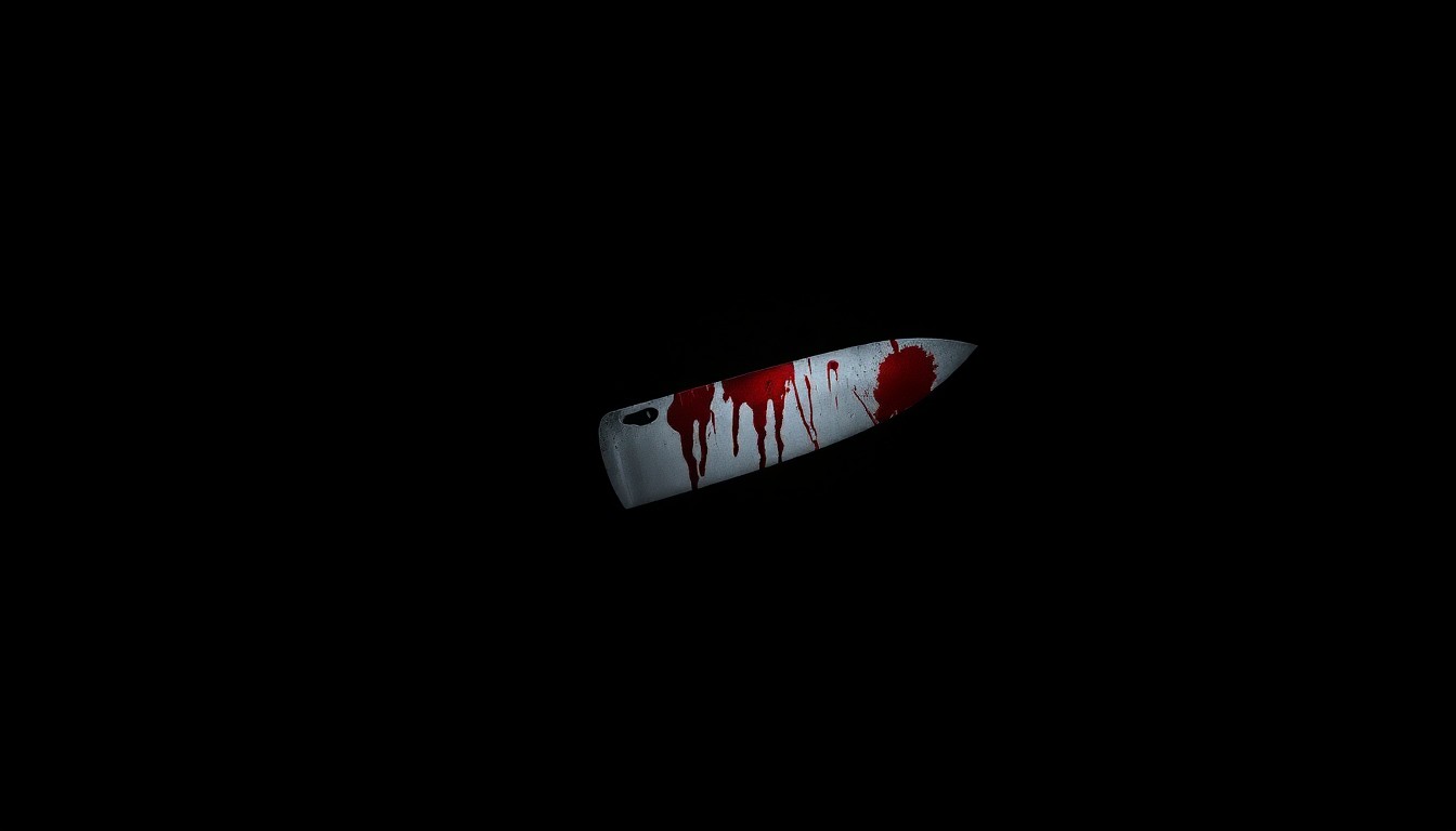 An extreme close-up of a single bloodstained knife blade against a pitch-black background, creating a stark, gritty, investigative aesthetic that conceptually represents the violence and tragedy of this crime.