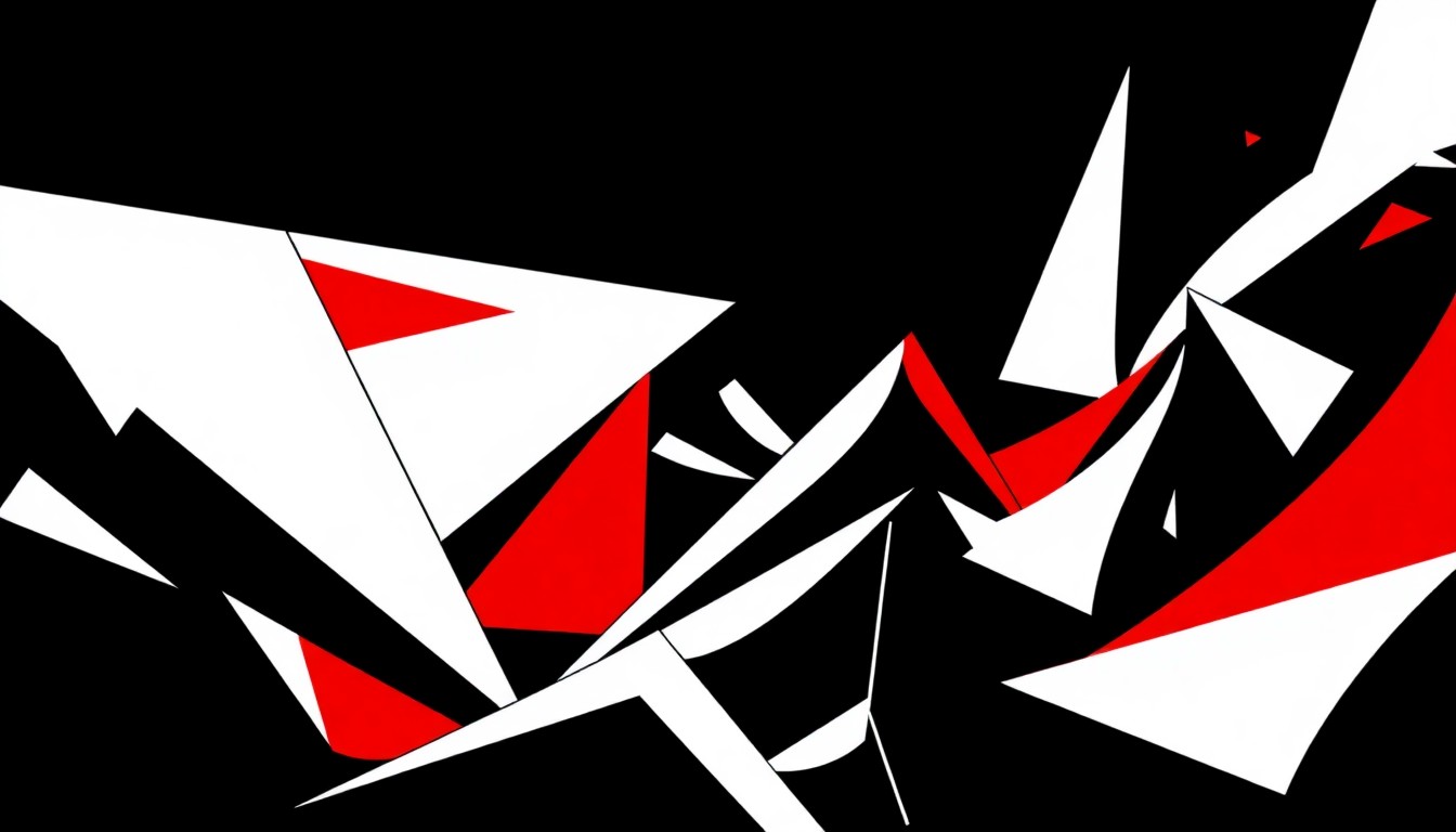 A dynamic, abstract illustration composed of bold, angular black shapes against a bright red background, conceptually representing the energy and variety of a live music festival.