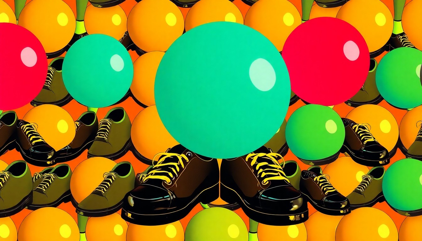 A brightly colored, high-contrast silkscreen print of a vintage bowling ball and shoes repeated in a tight grid pattern, representing the iconic objects associated with John Belcher Sr.'s lifelong love of bowling.