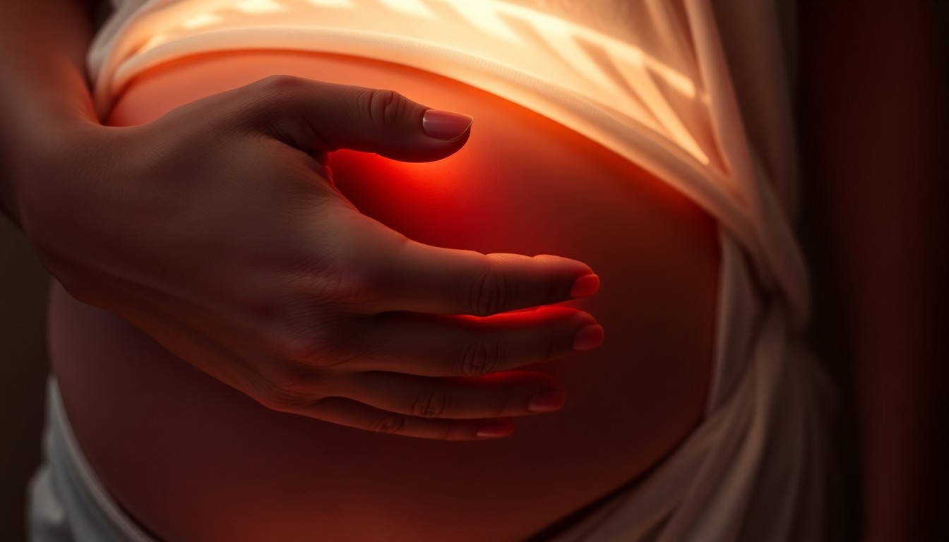 An extreme close-up photograph of a pregnant woman's hand resting on her belly, the skin and fabric captured in dramatic, high-contrast detail to create a sense of intimate, high-fashion glamour.