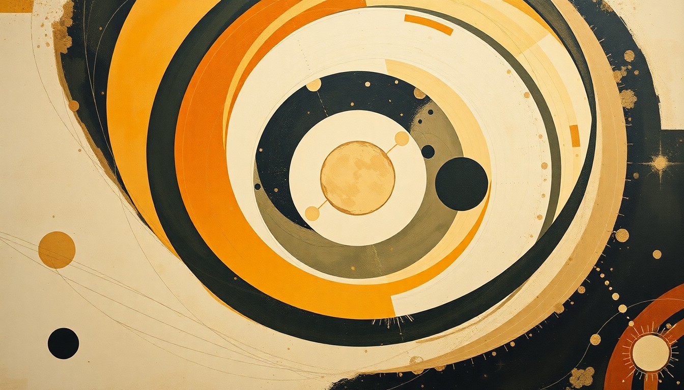 A highly structured abstract painting in earthy tones, featuring sweeping geometric arcs, concentric planetary circles, and precise botanical spirals, conveying the complex forces and concepts of space travel and lunar exploration.