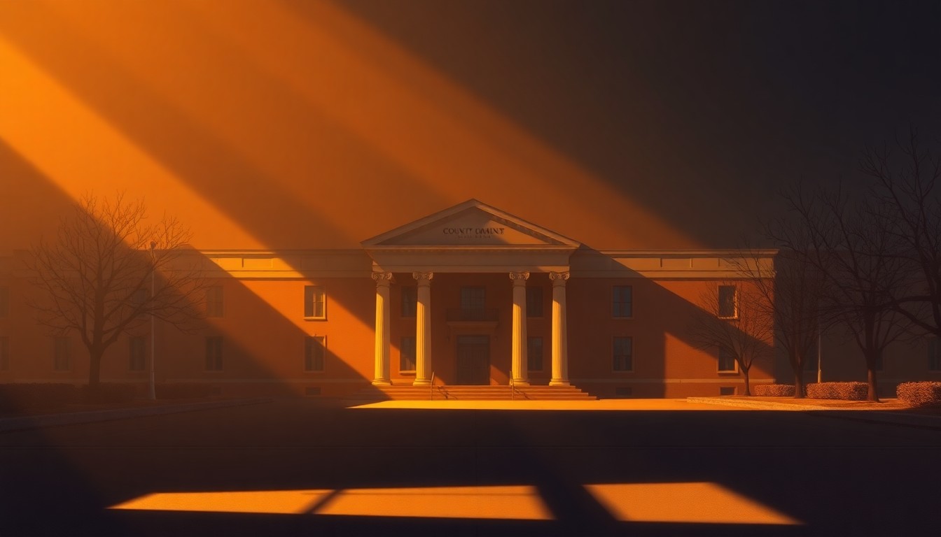 A serene, cinematic painting of an empty county government building, its facade bathed in warm, diagonal sunlight and deep shadows, conveying a sense of political tension and unease.
