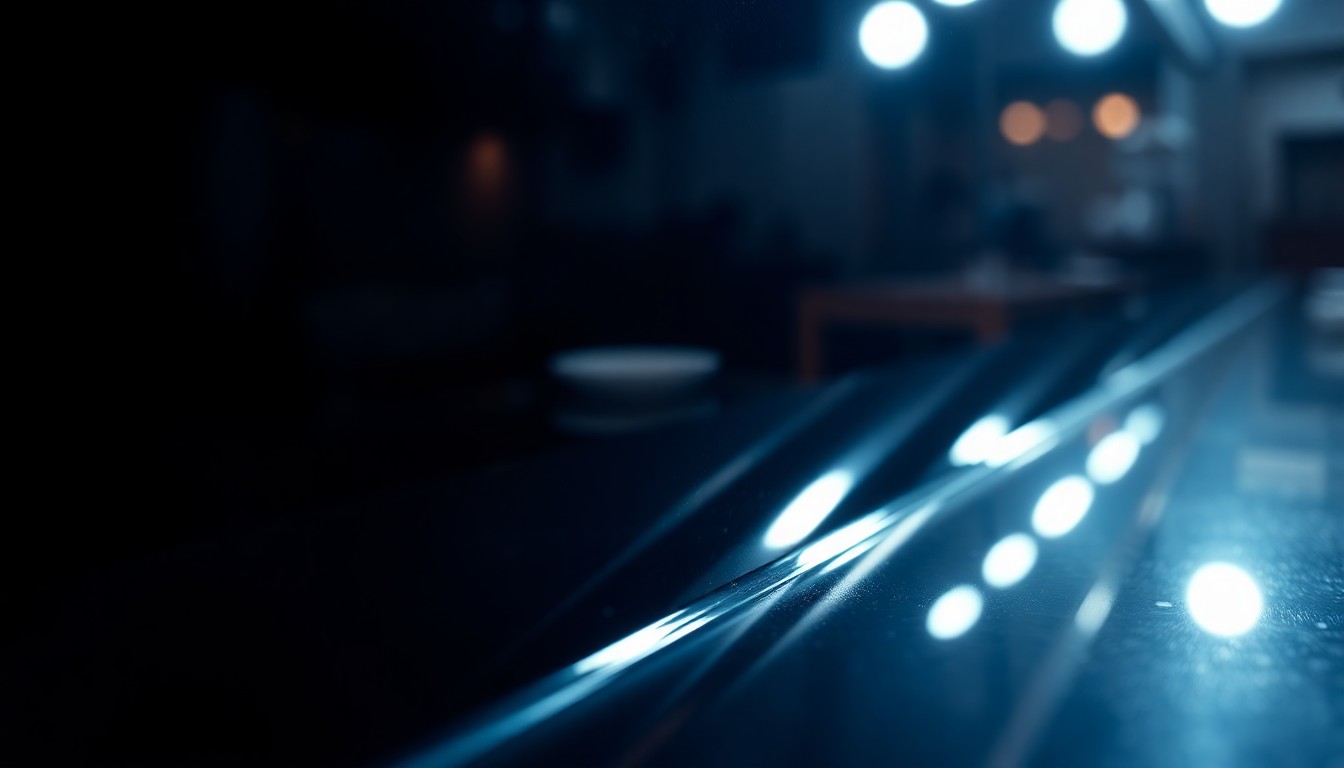 An extreme close-up photograph of a highly reflective, glossy surface that captures dramatic highlights and shadows, creating a sense of luxury and prestige without any identifiable objects or people.