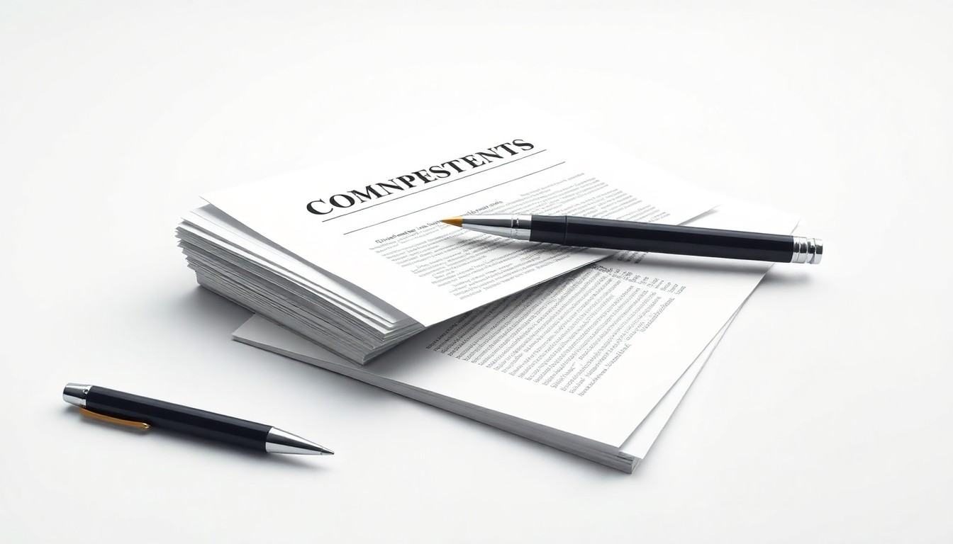 A photorealistic studio still life featuring a stack of legal documents and a pen on a plain, monochromatic background, conceptually representing the complex legal issues surrounding restrictive covenants.