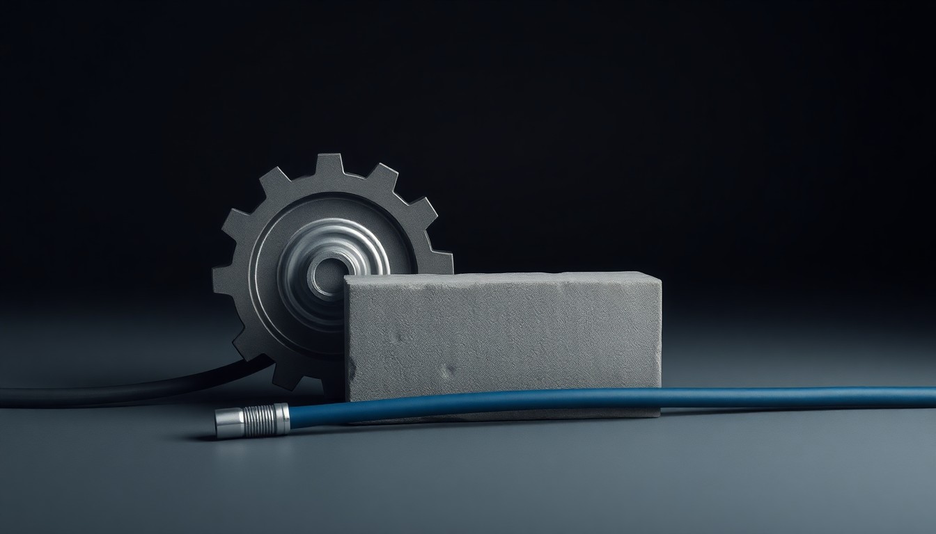 A minimalist studio still life photograph featuring polished metal, concrete, and power cables arranged in a clean, elegant composition, representing the industrial energy infrastructure behind a major economic development project.