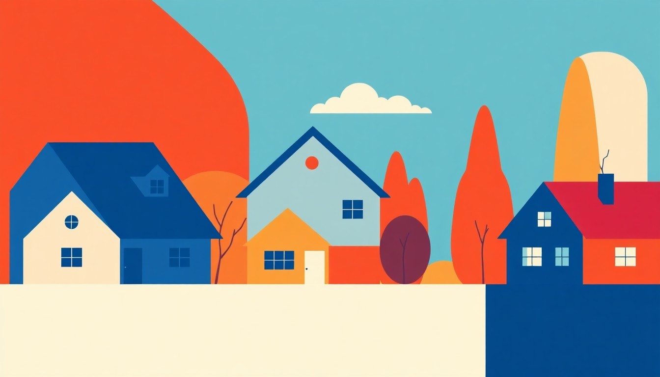 A geometric abstract illustration using bold shapes and primary colors to conceptually represent the regional variations in property tax rates and home values across the United States.