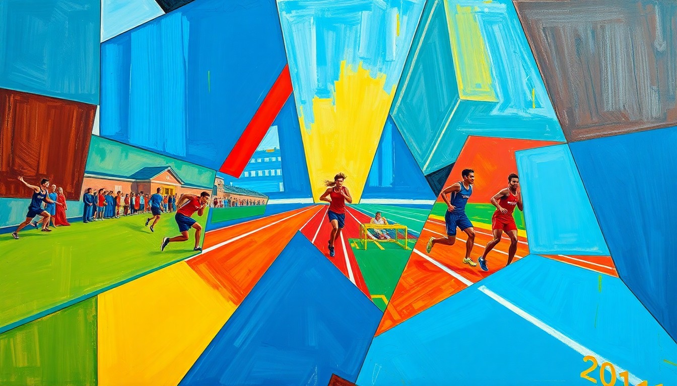 A fragmented, geometric painting depicting the dynamic movements and energy of a high school track and field event, with sharp planes of color and overlapping perspectives.