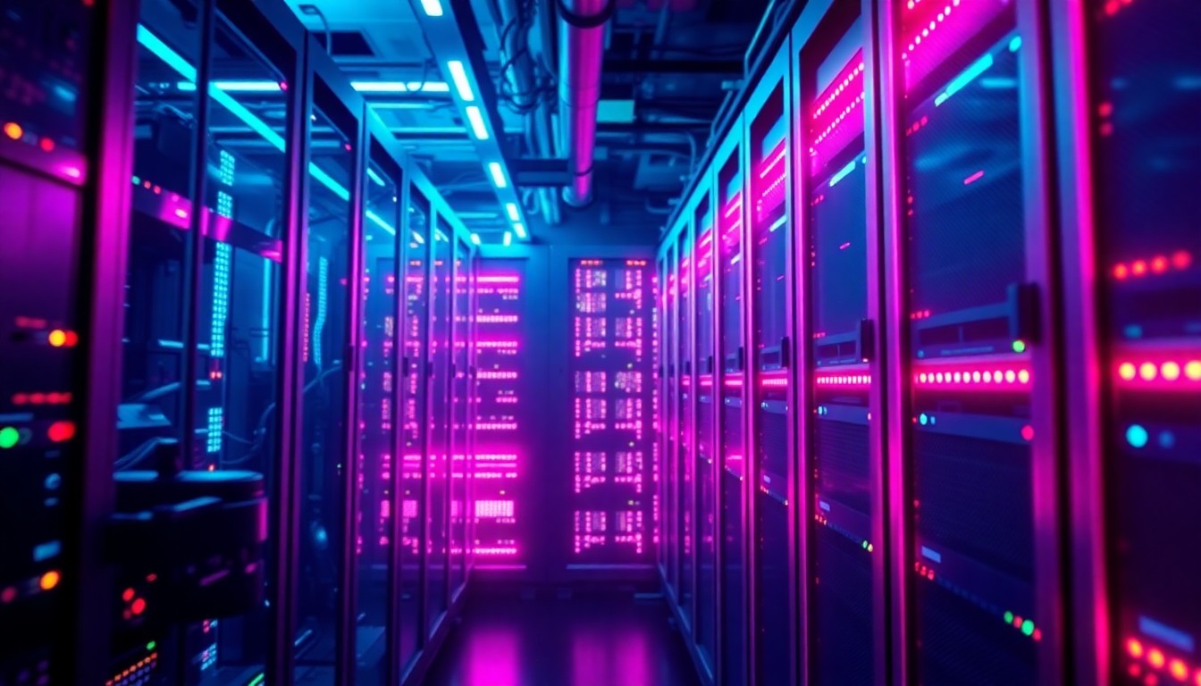 A highly detailed, glowing 3D illustration of a futuristic data center server rack, with intricate digital components and infrastructure illuminated by vibrant neon lights, conceptually representing the critical role of digital infrastructure in the modern economy.