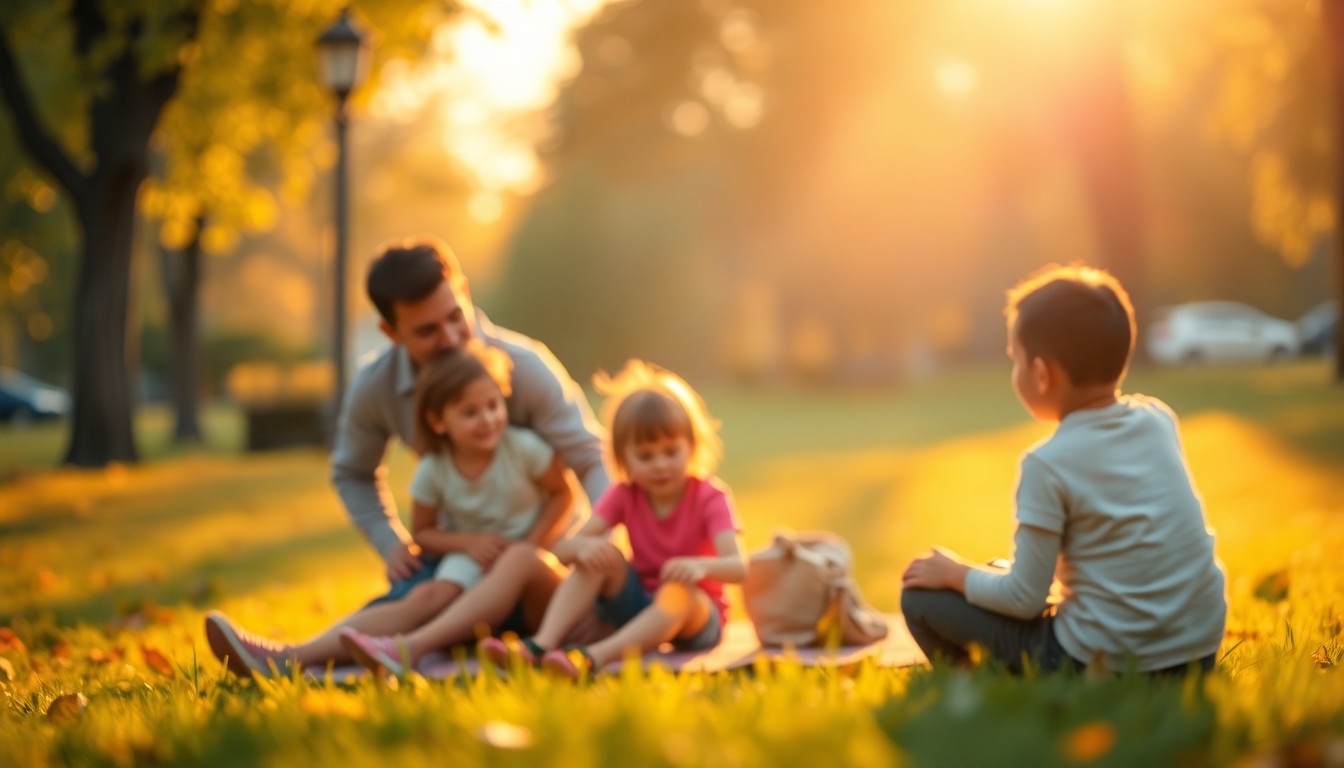 An abstract, out-of-focus photograph depicting a family playing together in a park, with soft, warm pools of light and color creating a sense of comfort and connection.