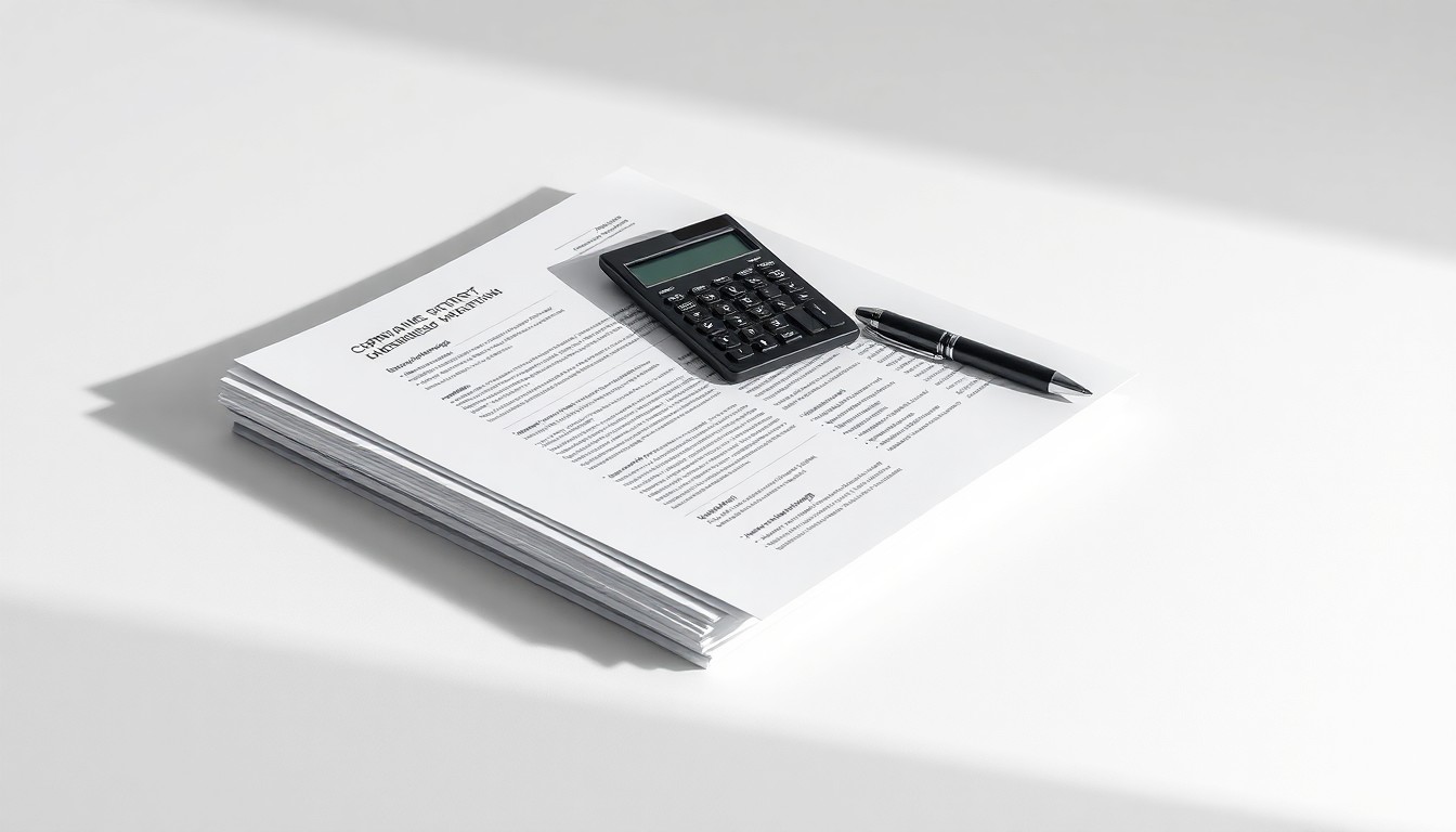 A minimalist studio still life photograph featuring a stack of financial documents, a calculator, and a pen arranged elegantly on a clean white background, conceptually representing the abstract corporate strategy and finance issues at the heart of the Upstart lawsuit.