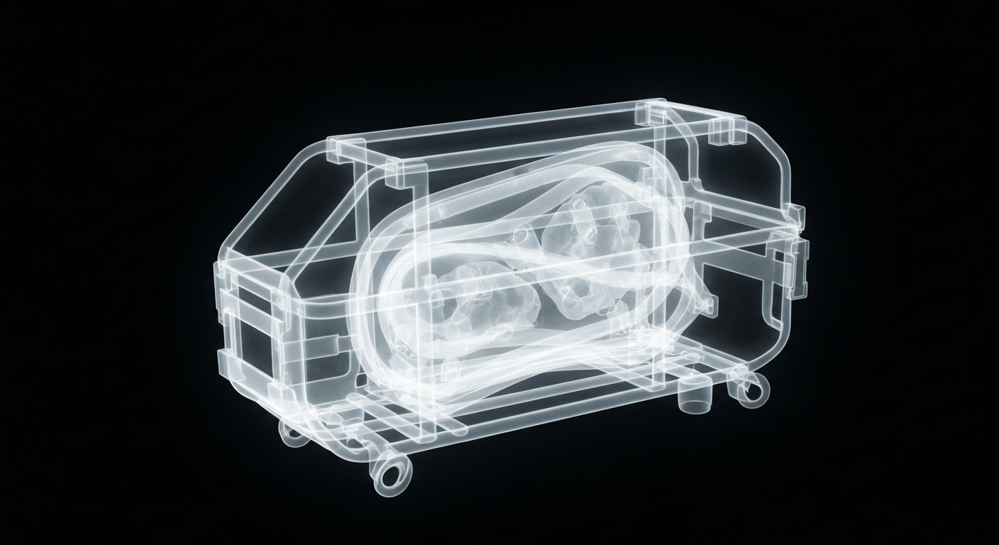 A translucent, ghostly X-ray photograph of a medical transport container, revealing its internal structure and highlighting the critical nature of Strata Critical Medical's logistics services.