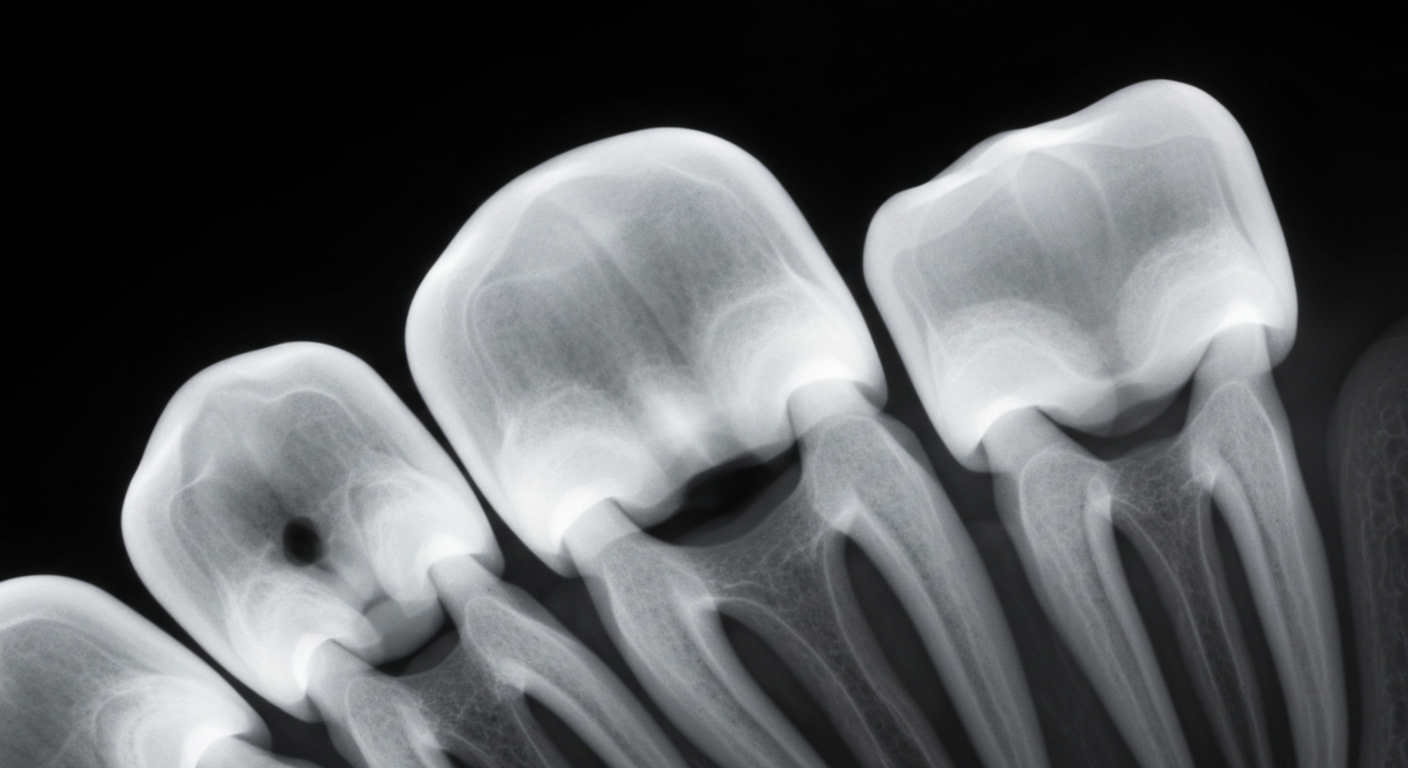 An extreme macro X-ray photograph showing the intricate internal structure of a human tooth, with glowing ghostly lines and shapes against a dark background, conceptually illustrating the advanced dental care technology now accessible to patients.