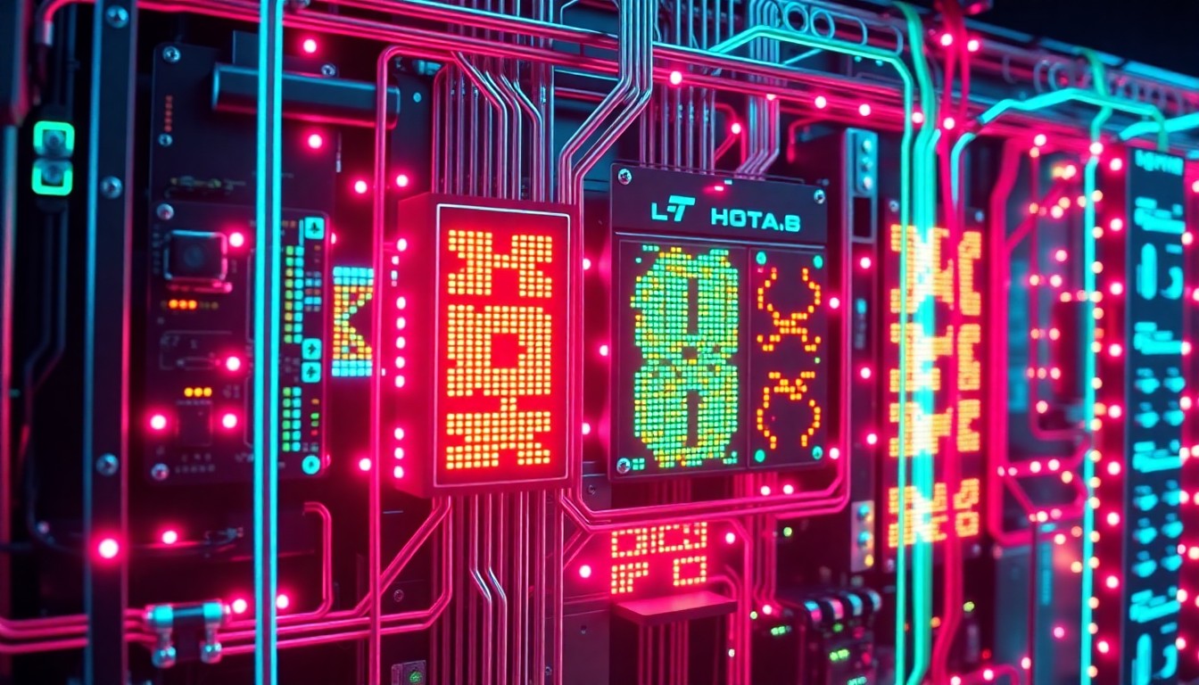 A highly detailed, glowing 3D illustration of a complex data processing hub with illuminated circuit boards, fiber optic cables, and other cybernetic hardware elements, conceptually representing the advanced technology powering Syncari's real-time data management platform.