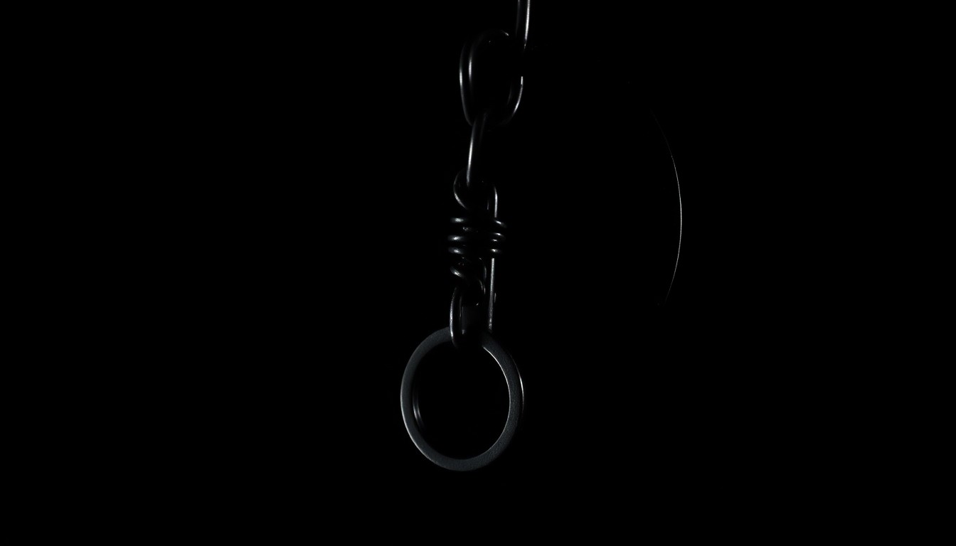 An extreme close-up photograph of a handcuff key against a pitch-black background, lit by a harsh, direct camera flash, conceptually illustrating the serious nature of the alleged crime.
