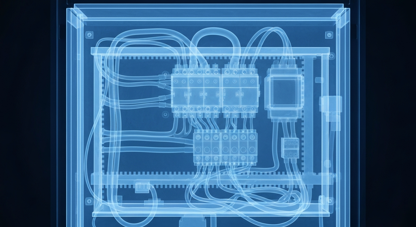 A ghostly, translucent X-ray image revealing the inner components of an electrical panel, with glowing blue wires and circuits against a dark background, conceptually representing the need for vigilance around electrical safety in a nursing home setting.
