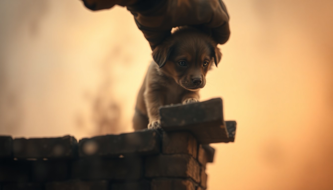 An extremely blurred and abstracted photograph showing the soft, warm, and hazy silhouette of a firefighter's hand carefully lifting a small puppy from the top of a crumbling chimney, conveying the care and compassion of the rescue operation.