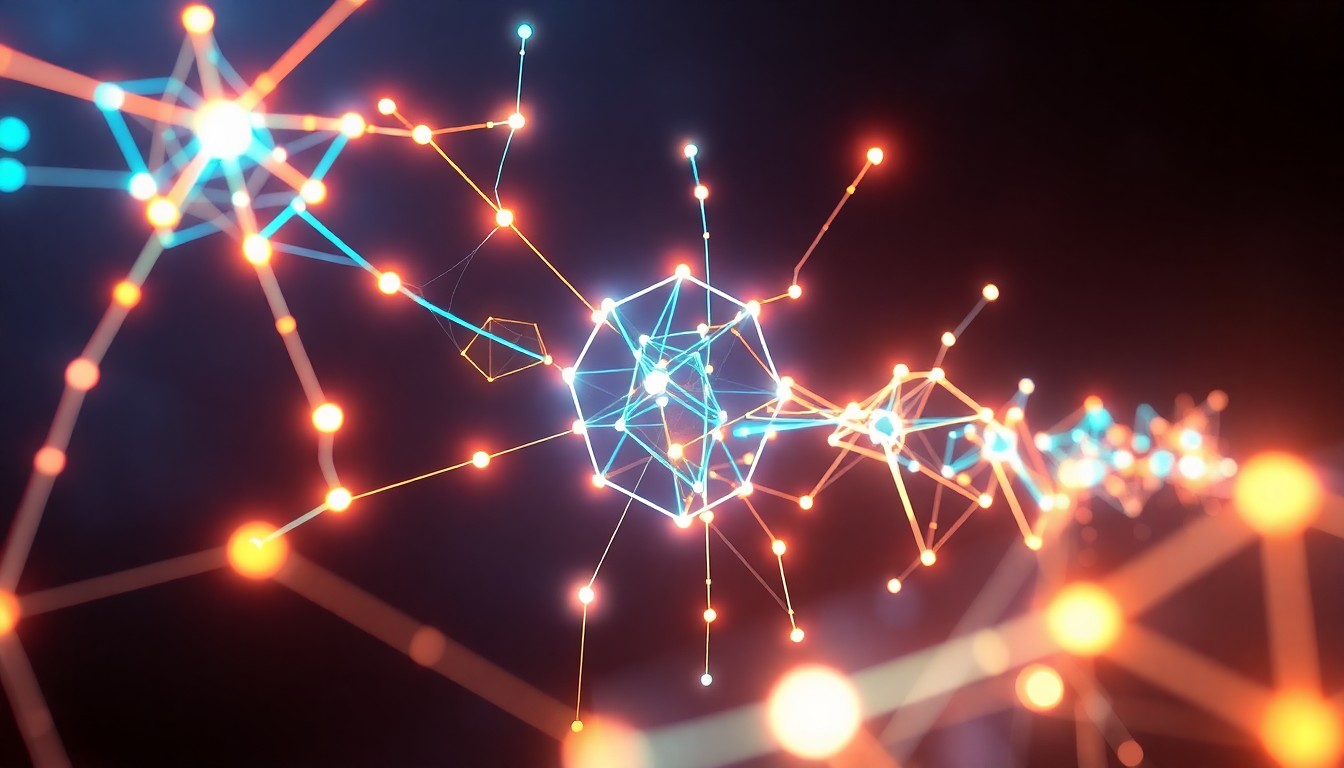 A highly detailed 3D illustration of a glowing, neon-lit AI neural network, with intricate geometric shapes and lines pulsing with energy, suspended in a dark, atmospheric environment, representing the intersection of art, technology, and community.