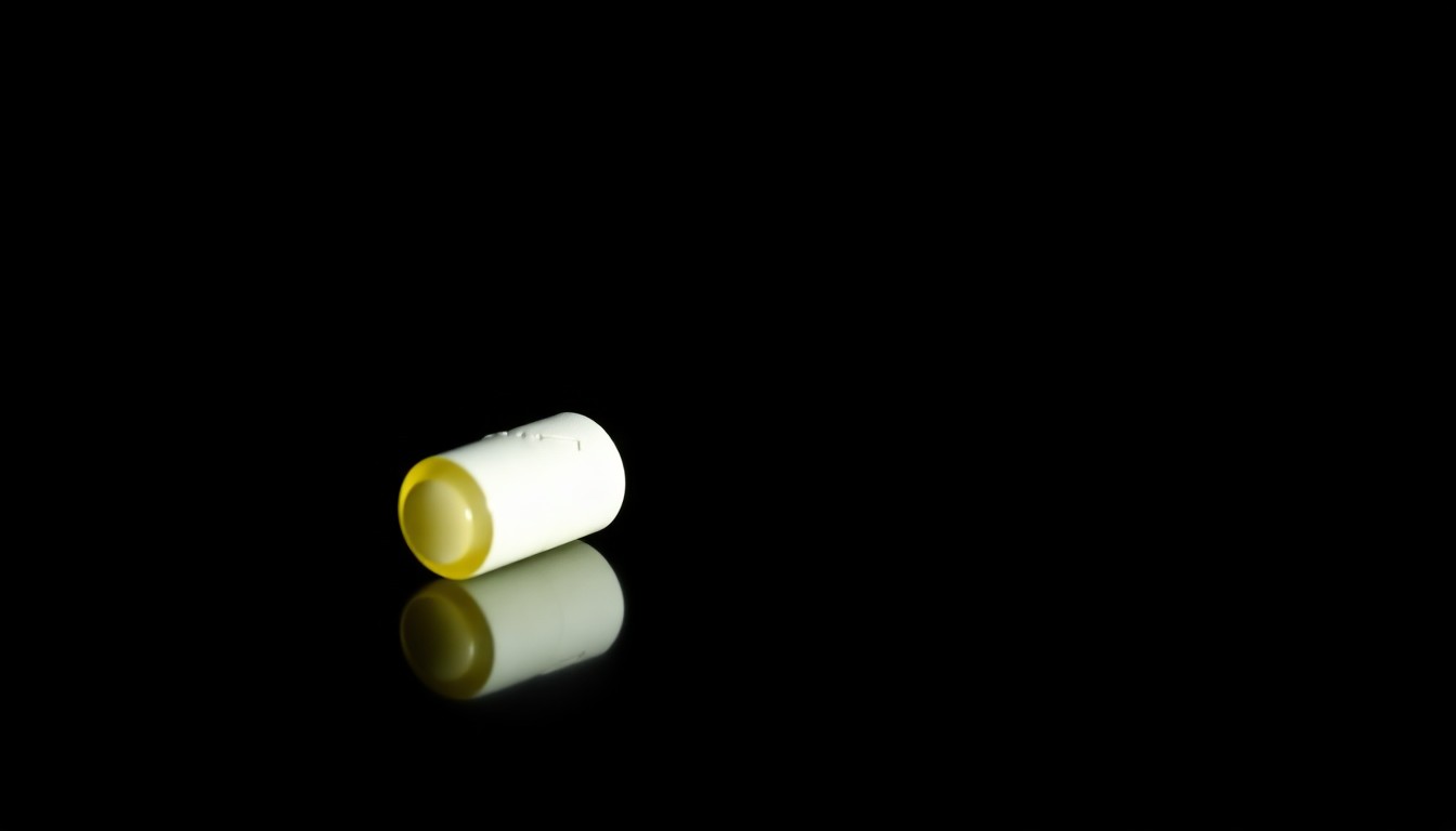 An extreme close-up photograph of a single prescription pill against a pitch-black background, lit by a harsh, direct camera flash, conceptually representing the suspicious medications found at the crime scene.