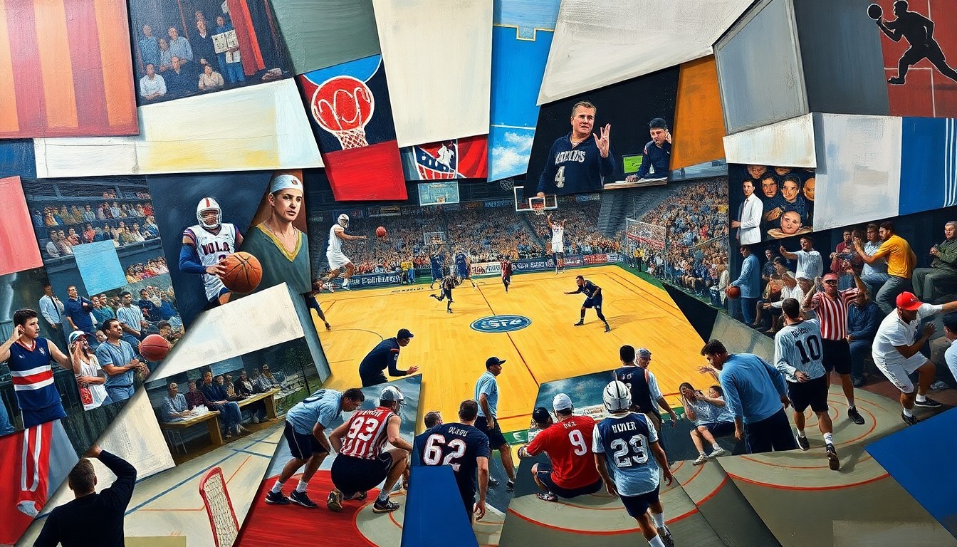 A cubist-style painting featuring overlapping geometric shapes and planes in a variety of bright colors, representing different sports and recreational activities taking place in Stillwater.