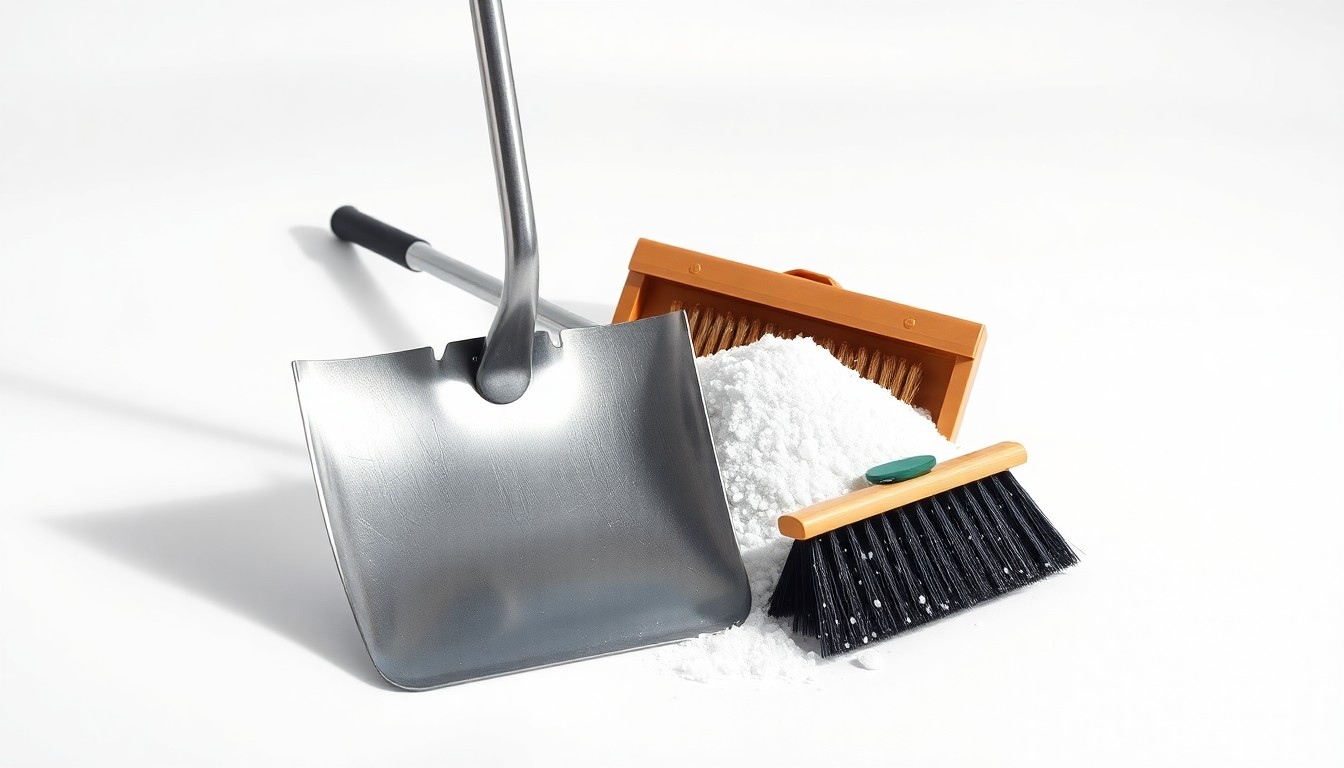 A photorealistic studio still life featuring a polished metal shovel, a pile of rock salt, and a snow brush arranged elegantly on a clean, white background, conceptually representing the challenges of unpredictable winter weather for municipal snow removal services.
