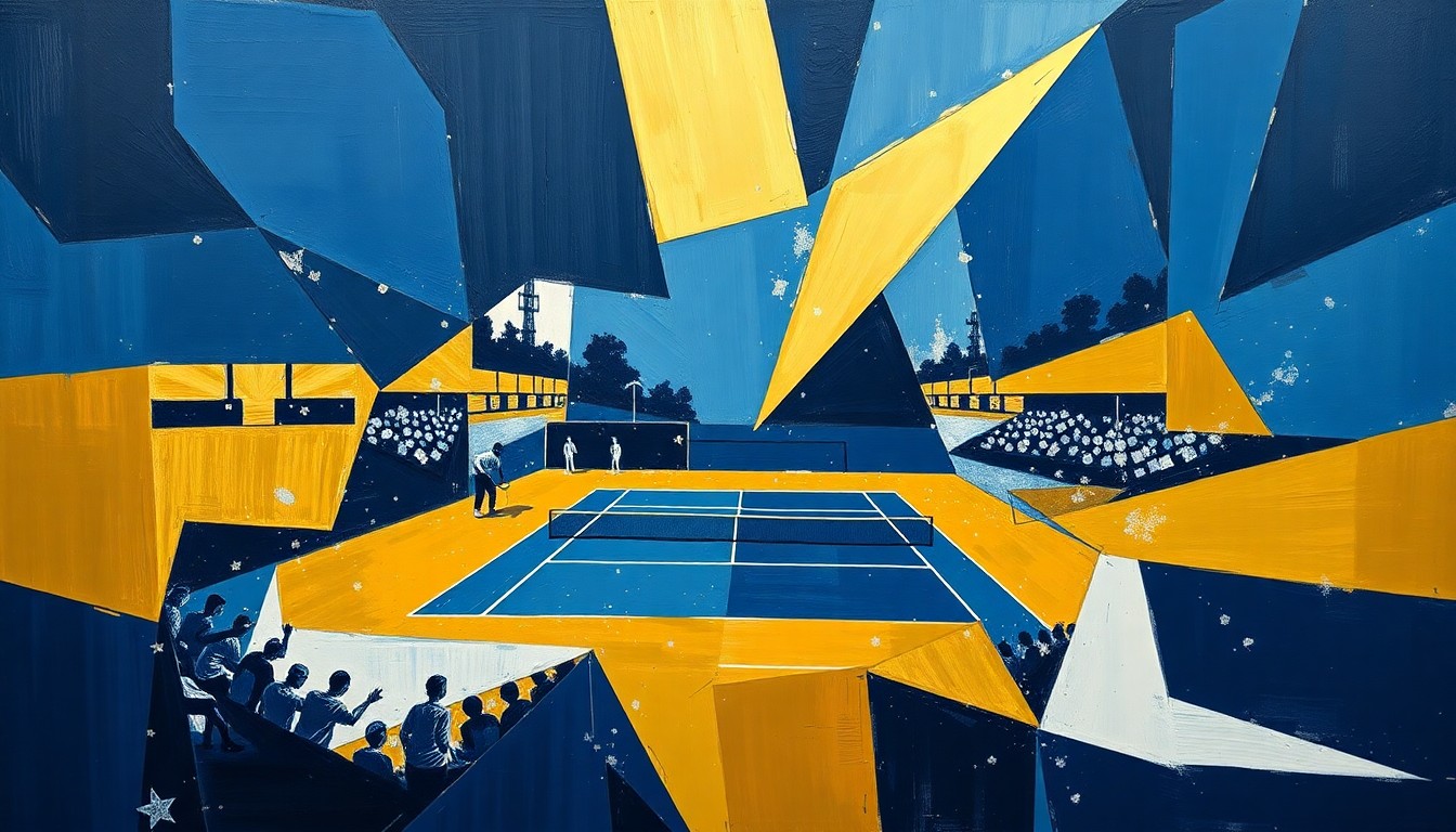 A cubist, geometric painting depicting a college tennis match, with overlapping planes of navy blue, gold, and white shapes representing the court, players, and action on the court.