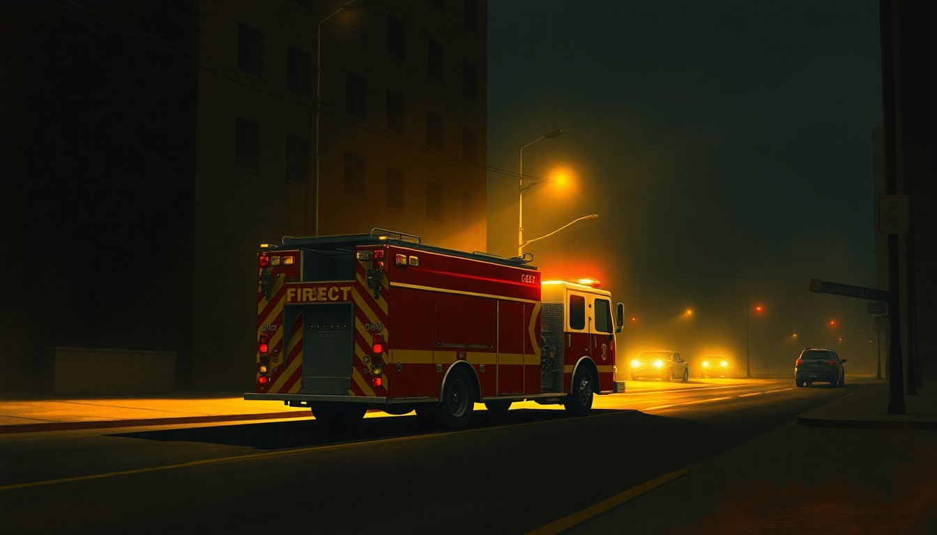 A realistic oil painting depicting a solitary fire engine parked on a dimly lit city street, with warm sunlight casting long shadows across the scene, conceptually representing the importance of well-funded public safety infrastructure.