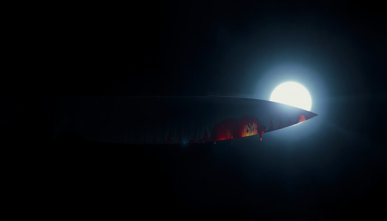 An extreme close-up of a bloodied knife blade reflecting a bright flash of light, conceptually illustrating the violence of a stabbing incident at a public transit station.