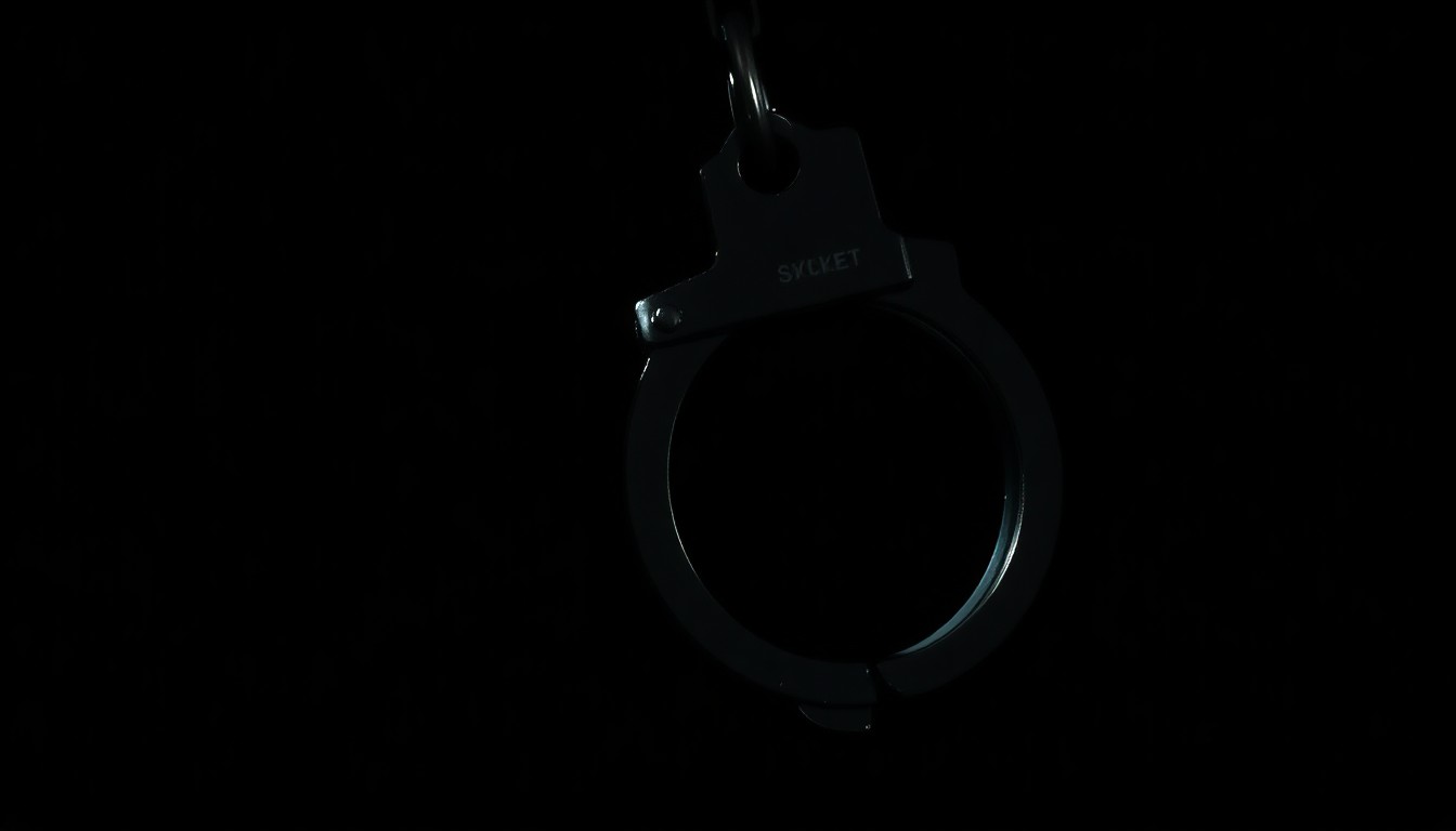 An extreme close-up photograph of a single handcuff against a pitch-black background, lit by a harsh, direct camera flash, creating a stark, gritty, investigative aesthetic.