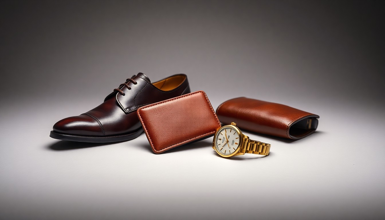 A photorealistic studio still life featuring a pair of polished leather dress shoes, a leather wallet, and a gold wristwatch arranged on a clean, monochromatic background, conceptually representing the financial metrics and market strategy of the publicly traded shoe company.