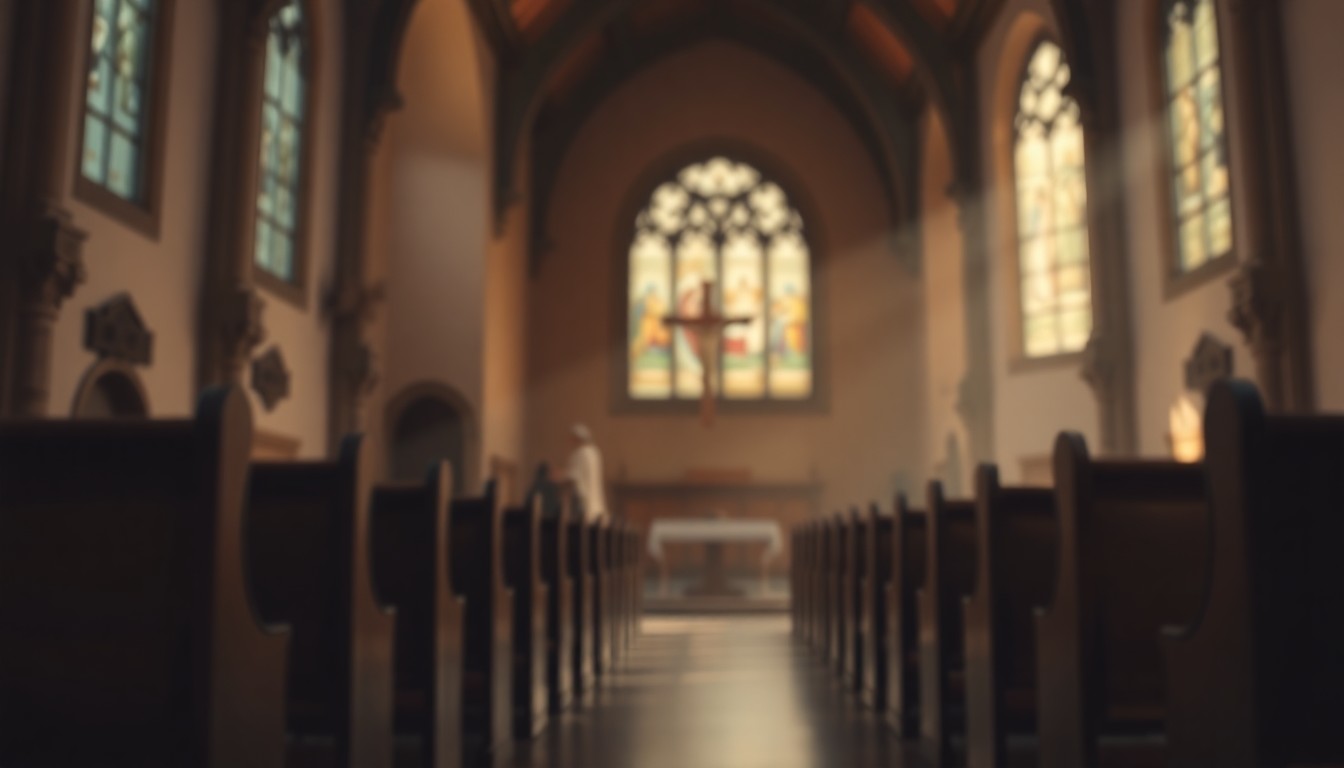 A blurred, atmospheric photograph of a church interior with pews, stained glass, and a cross, conveying a sense of spiritual contemplation and reverence.