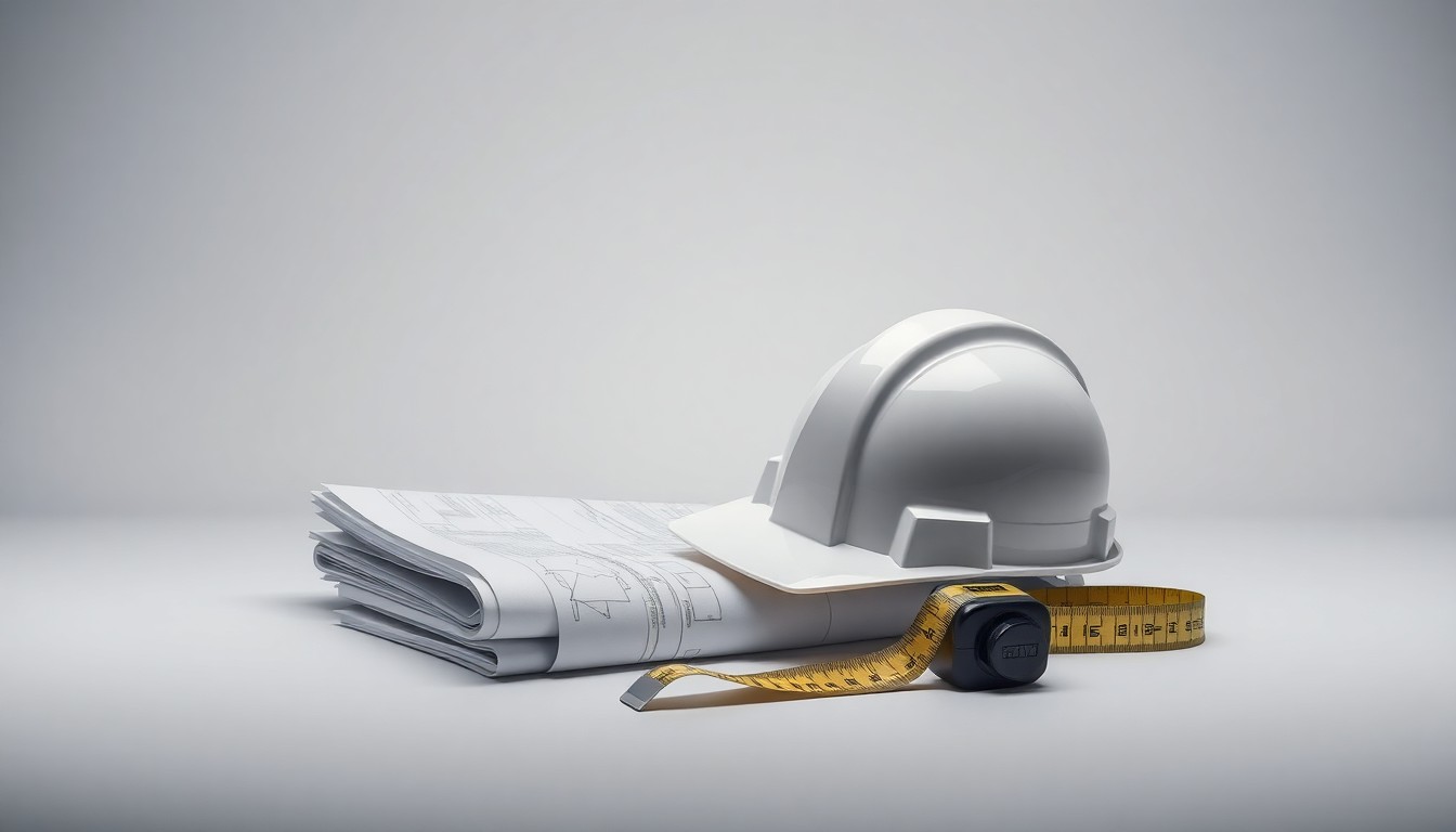 A photorealistic studio still life featuring a stack of construction blueprints, a hardhat, and a tape measure, symbolizing the abstract concepts of legal disputes and project management in the construction industry.