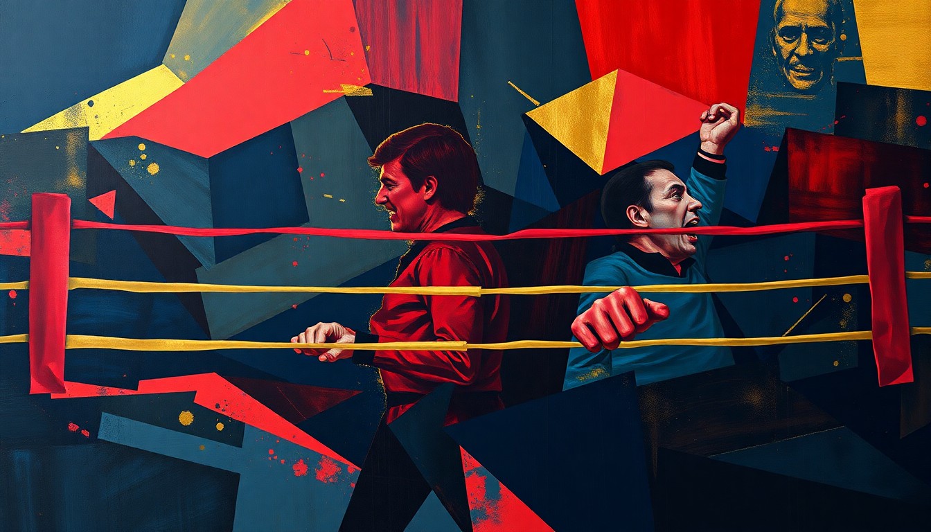 A dynamic, abstract painting featuring overlapping geometric shapes and waves of dark blue, red, and gold colors, conveying the confrontational energy of a political family dispute without depicting any specific individuals.