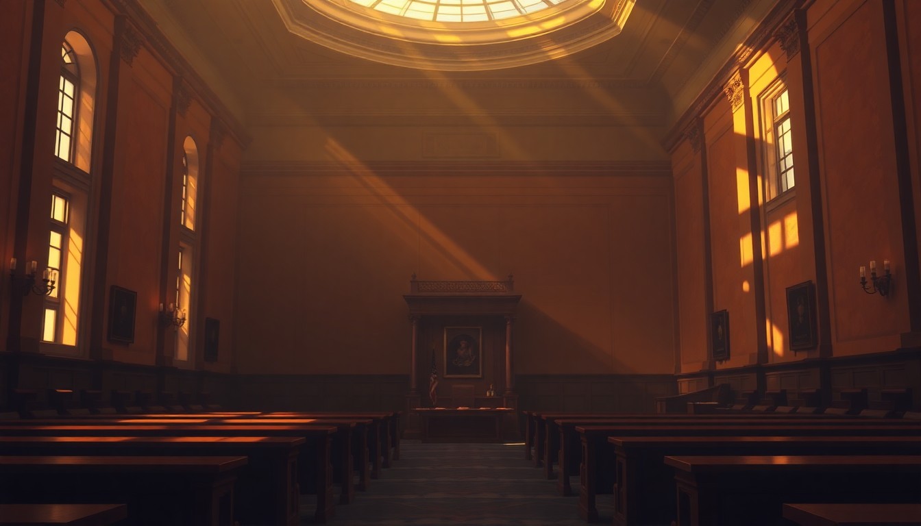 A serene, shadowy painting of an empty government building or legislative chamber, capturing a sense of contemplation and political tension.