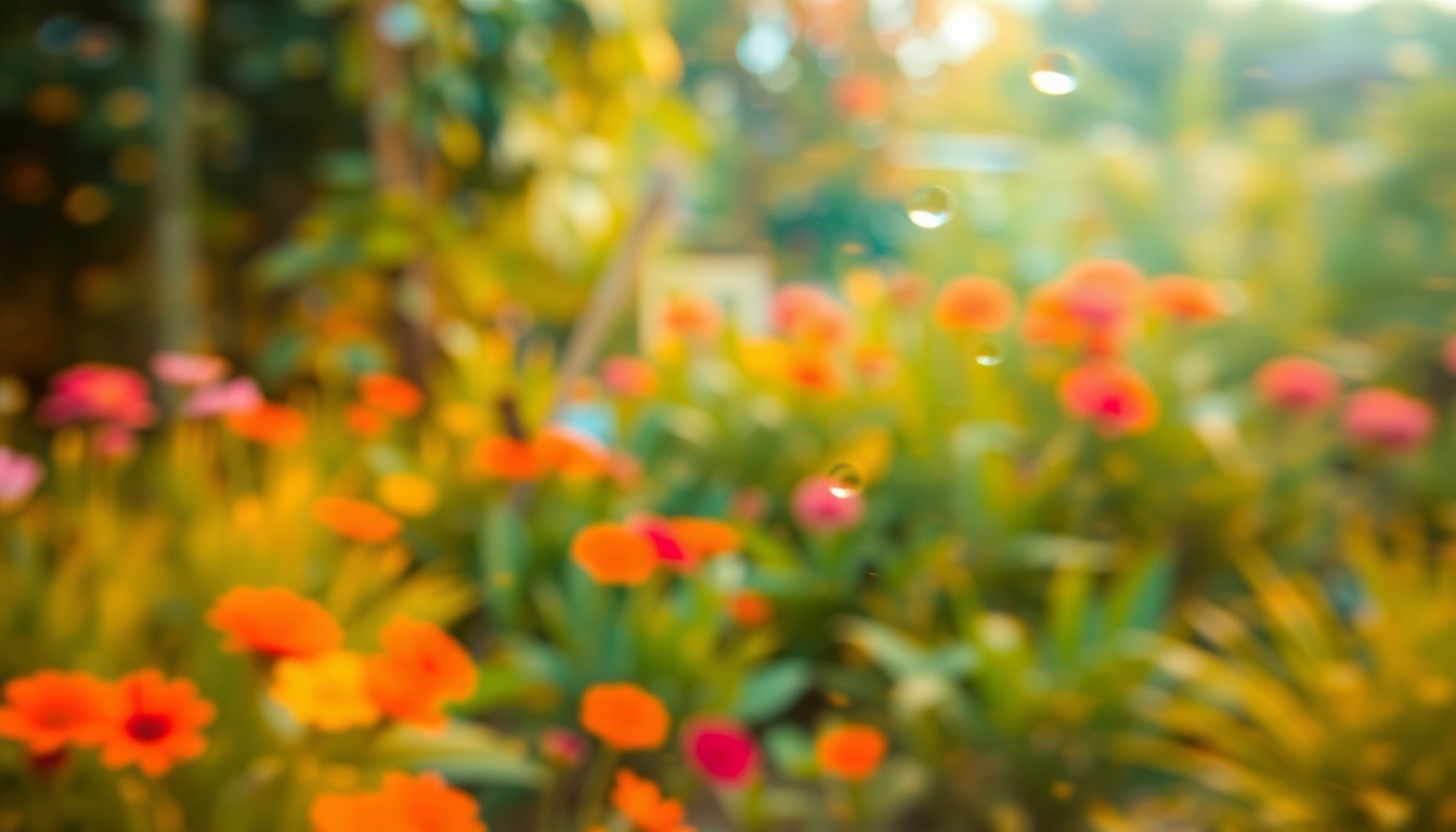 An impressionistic, blurred image of a vibrant garden scene, with soft focus and a warm, hazy color palette conveying a sense of natural beauty and growth.