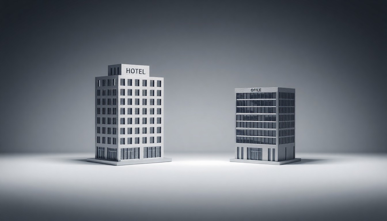 A photorealistic studio still-life photograph featuring polished, geometric metal models of a hotel building and an office building, arranged elegantly on a clean, monochromatic background to symbolize the abstract concepts of urban redevelopment and public-private partnerships.